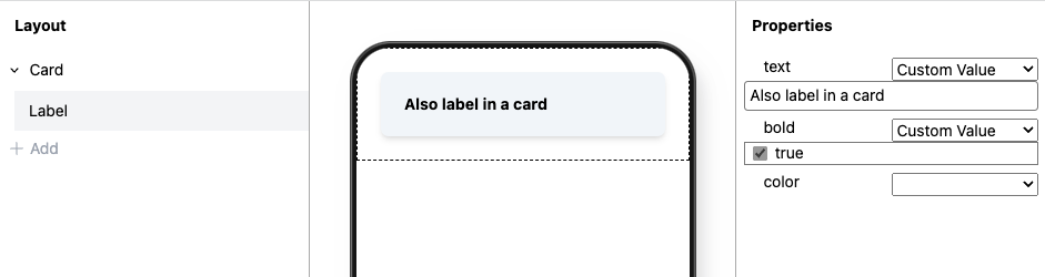 Label component nested in a Card using a layout tree on the left.