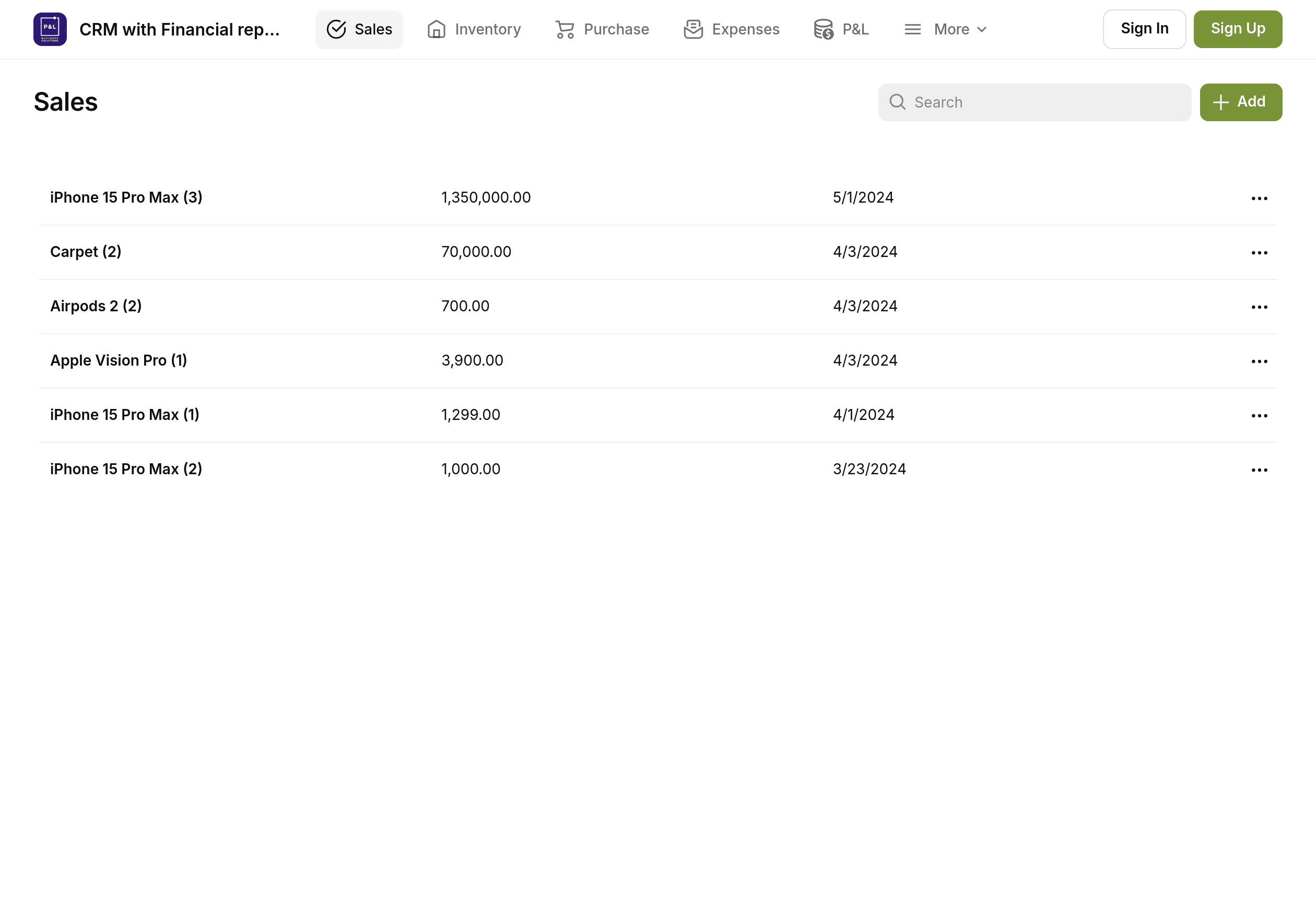 CRM with Financial report (P&L and Inventory)