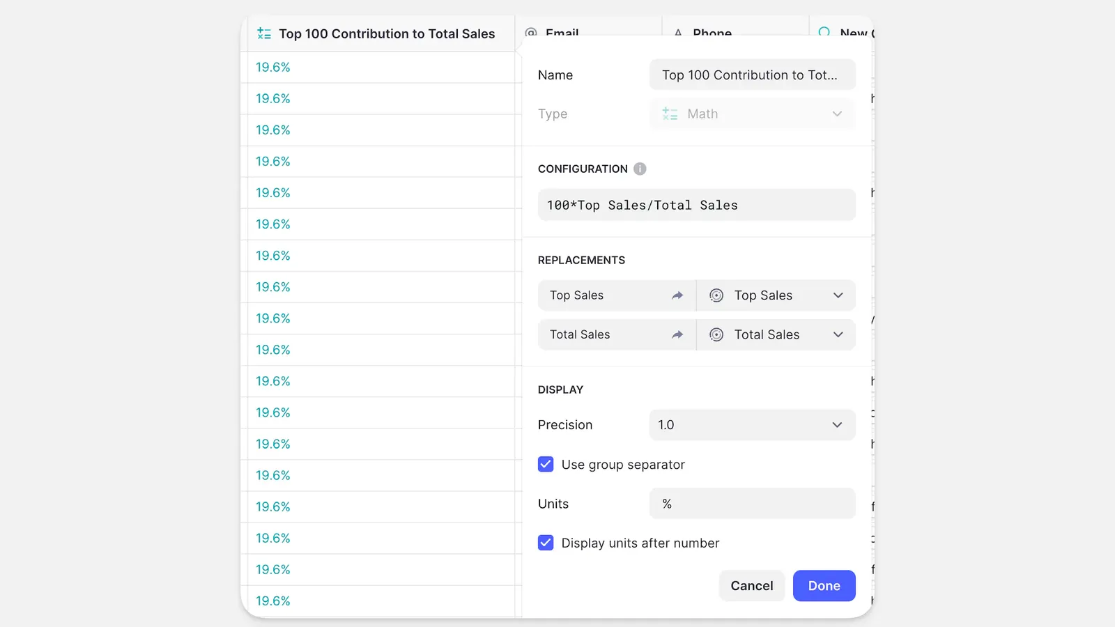 Math column calculating total sales.